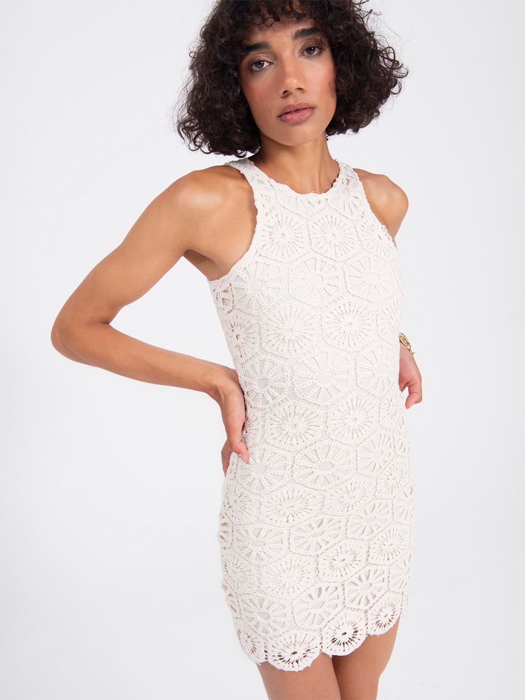

PRET A TUER Self Design Lace Up Sheath Mini Dress, White