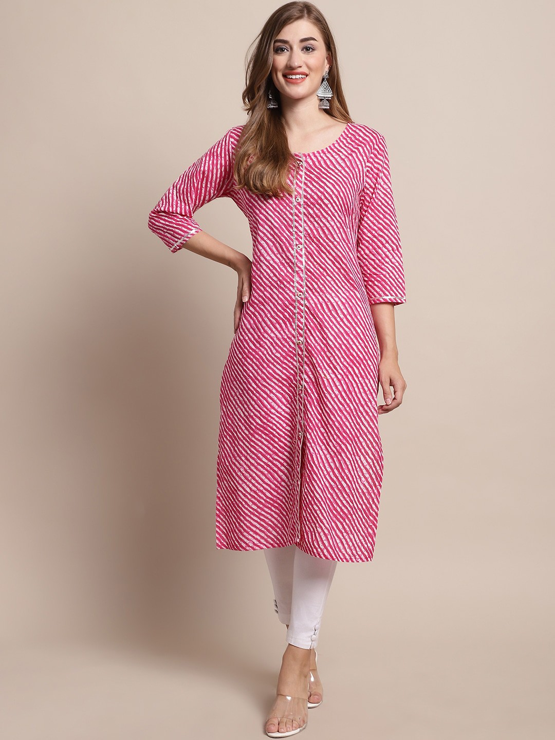 

Katn India Pink & White Striped Round Neck Regular Gotta Patti Cotton Kurta