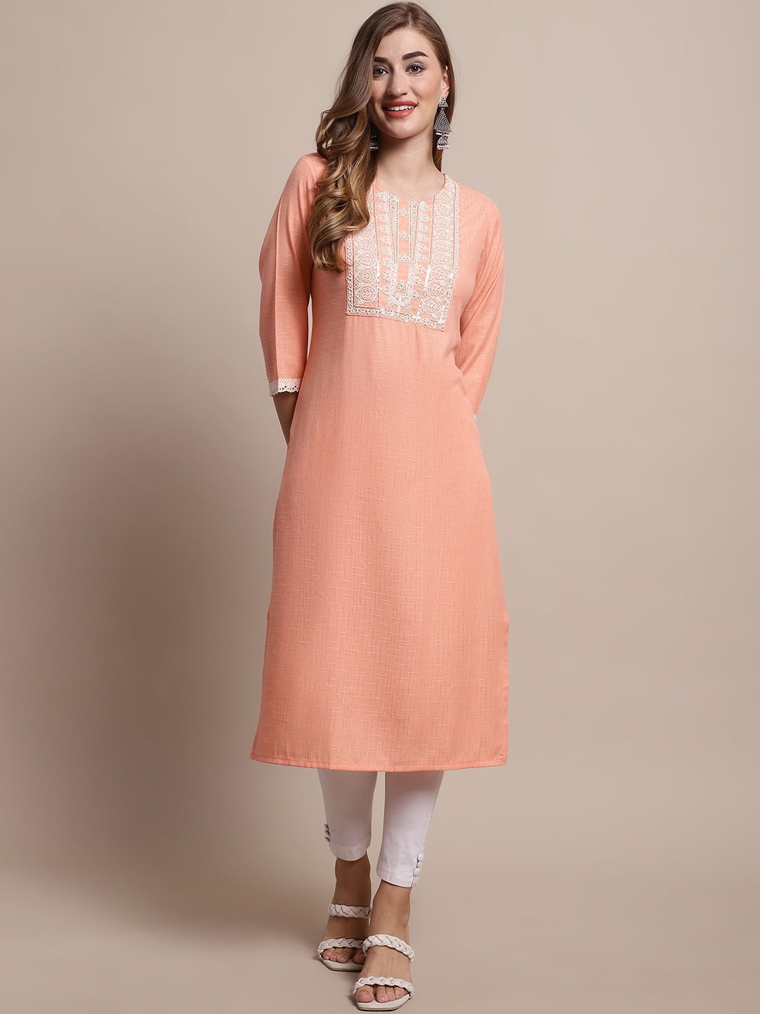

Katn India Peach & White Embroidered Yoke Design Regular Kurta