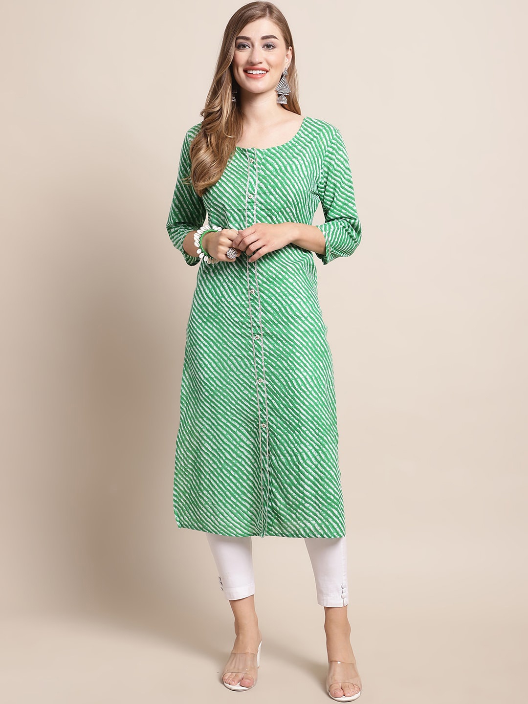 

Katn India Green & White Striped Round Neck Regular Gotta Patti Cotton Kurta