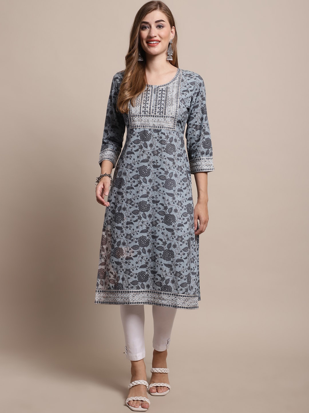 

Katn India Blue & Grey Floral Printed Embroidered Yoke Design Cotton Kurta