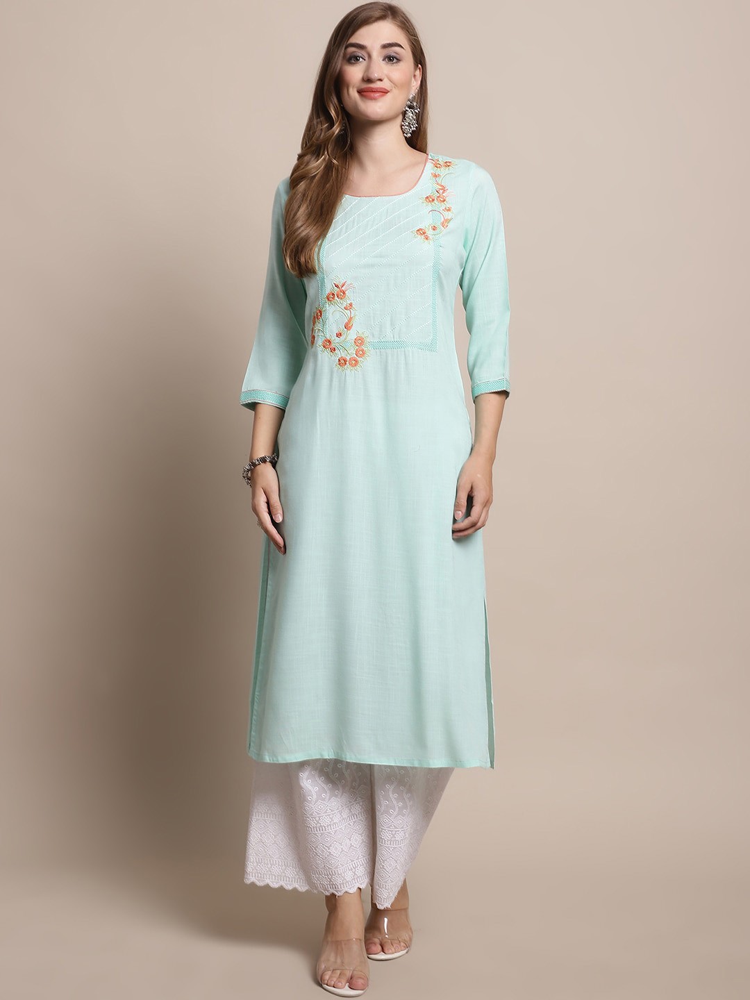 

Katn India Blue & Orange Floral Embroidered Round Neck Yoke Design Regular Kurta