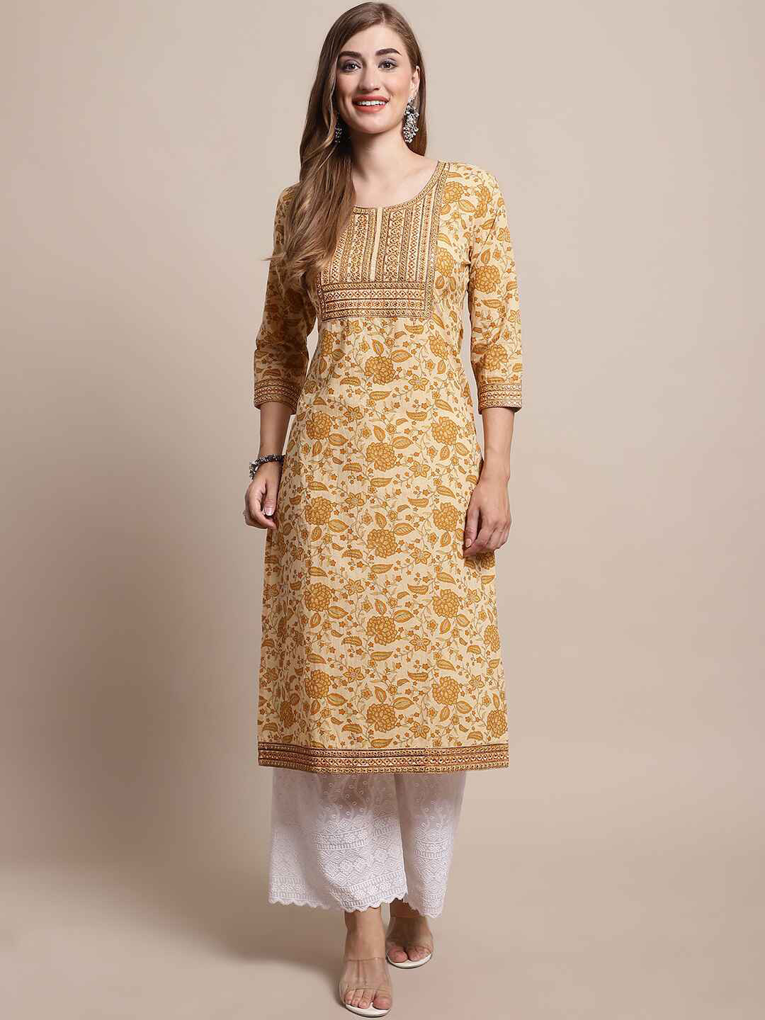 

Katn India Mustard Yellow Floral Printed Embroidered Yoke Design Cotton Kurta