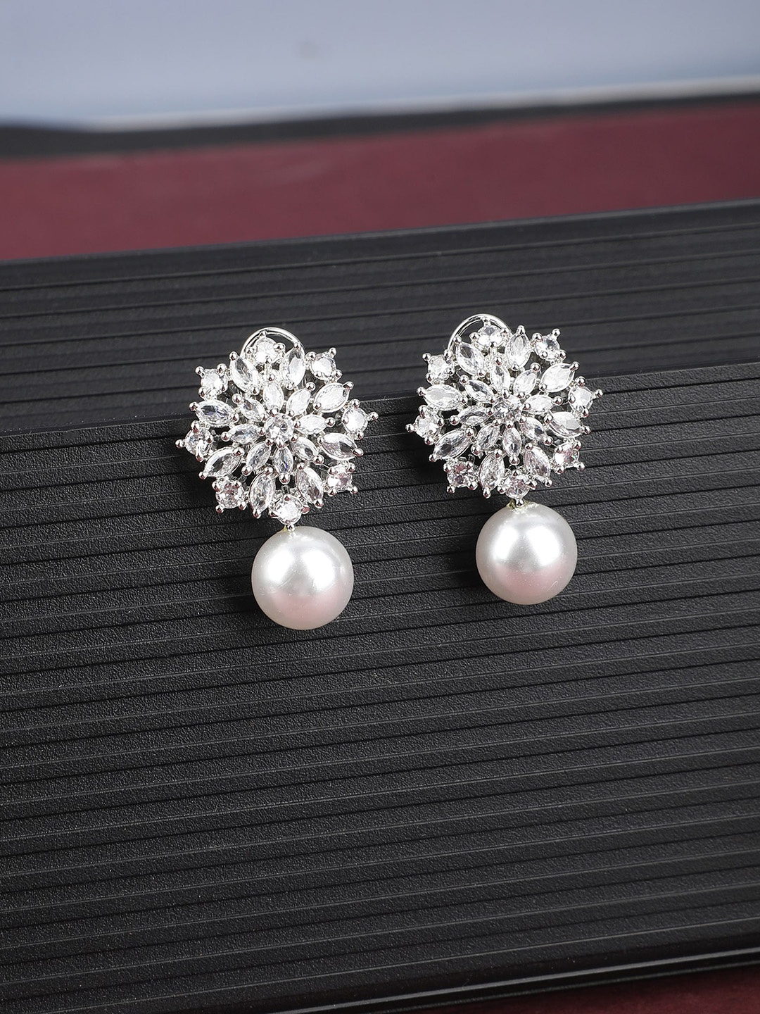 

ZaffreCollections Rhodium-Plated AD Studded Floral Drop Earrings, Silver