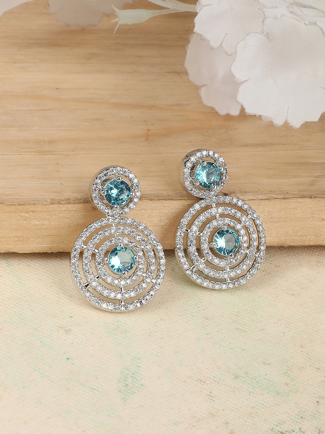 

ZaffreCollections Rhodium-Plated AD Studded Circular Drop Earrings, Silver