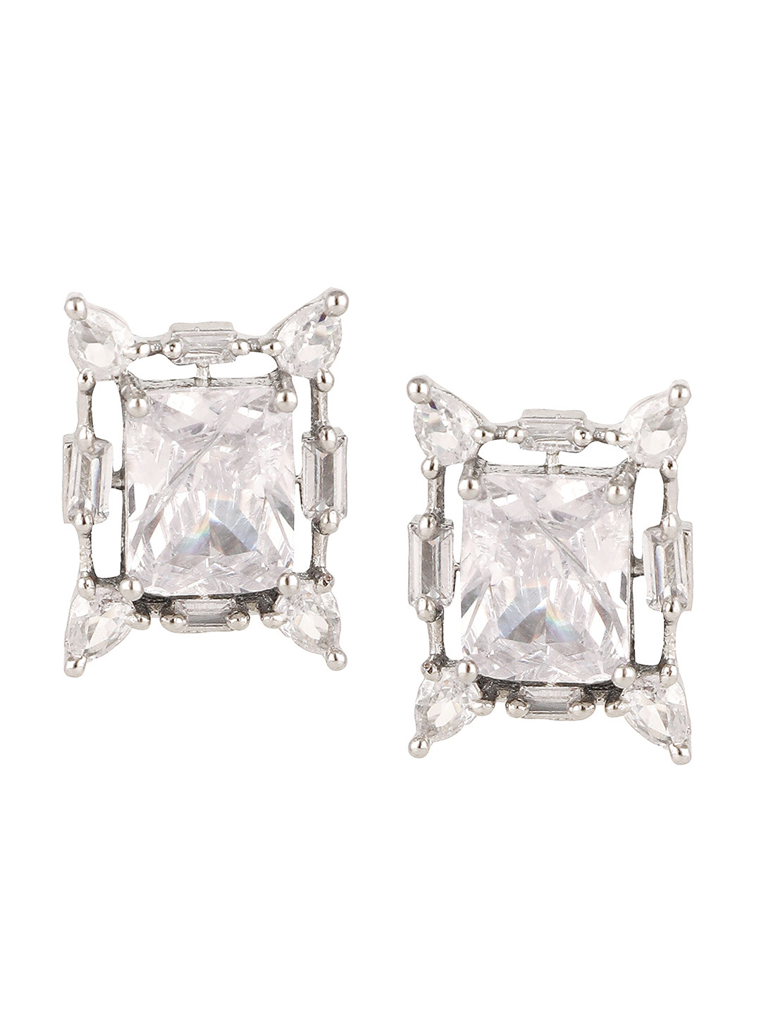 

ZaffreCollections Rhodium-Plated AD Studded Geometric Studs Earrings, Silver
