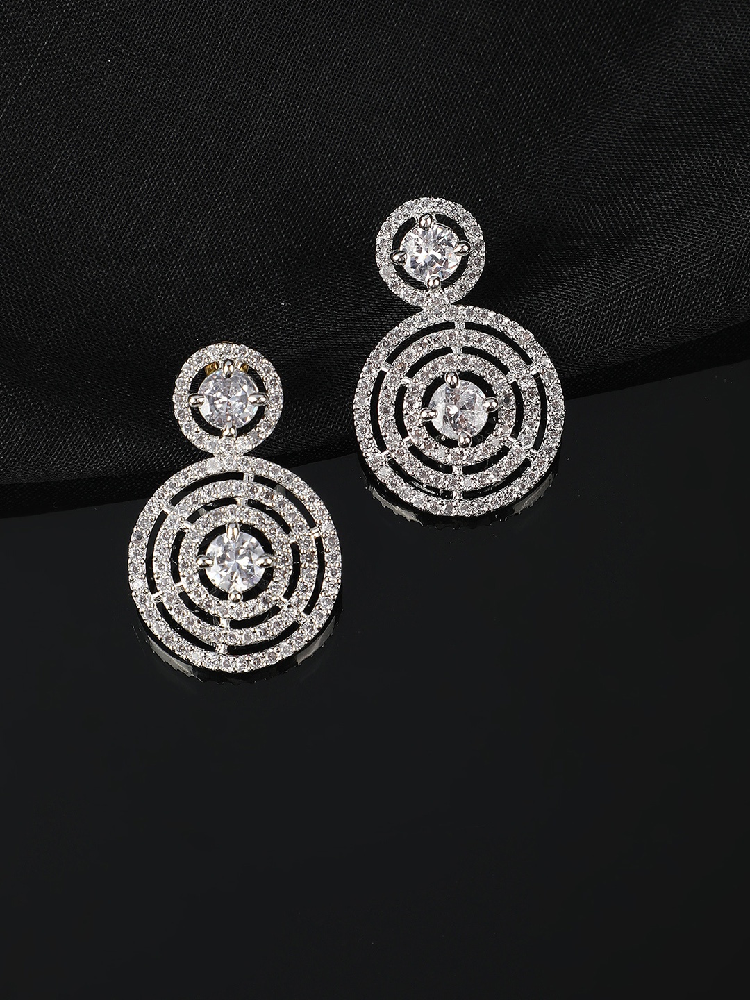 

ZaffreCollections Rhodium-Plated AD Studded Circular Drop Earrings, Silver