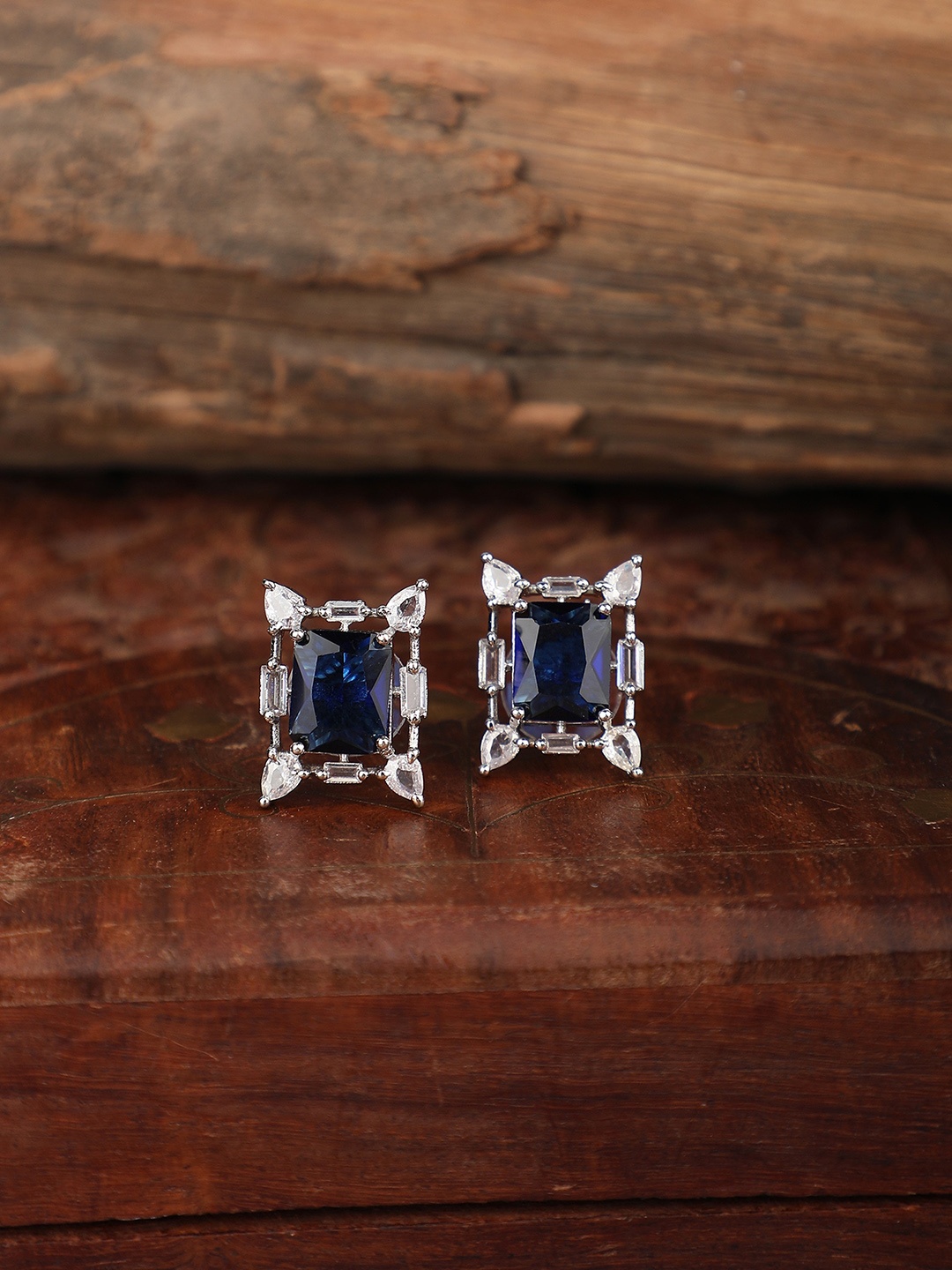

ZaffreCollections Rhodium-Plated AD Studded Geometric Studs Earrings, Silver