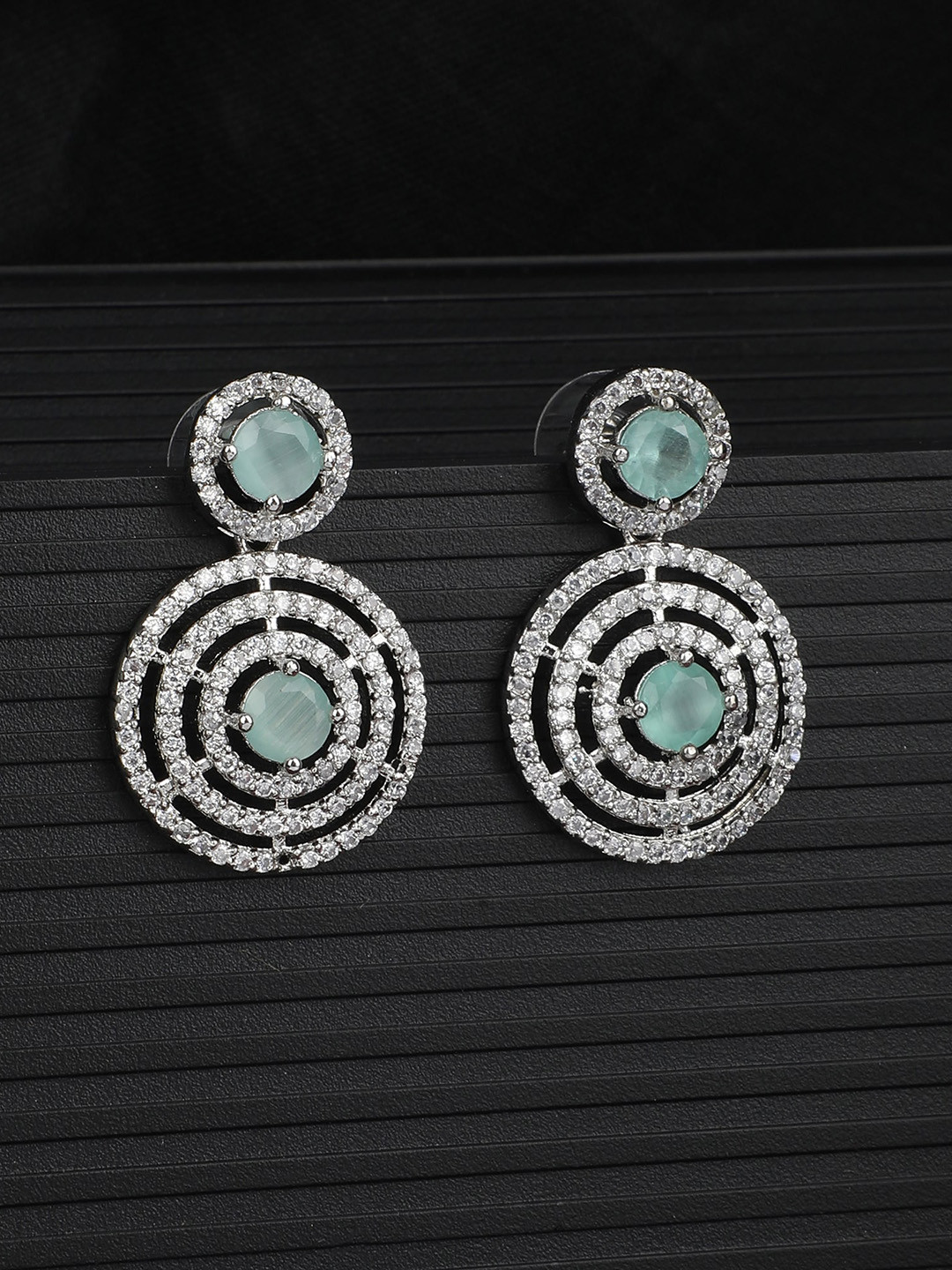 

ZaffreCollections Rhodium-Plated AD Studded Circular Drop Earrings, Silver