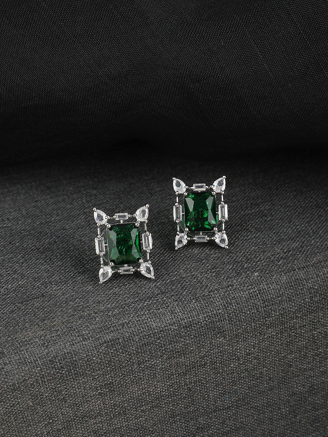 

ZaffreCollections Rhodium-Plated AD Studded Geometric Studs Earrings, Silver