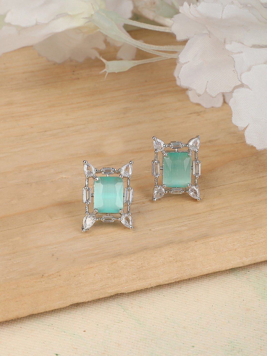 

ZaffreCollections Rhodium-Plated AD Studded Geometric Studs Earrings, Silver