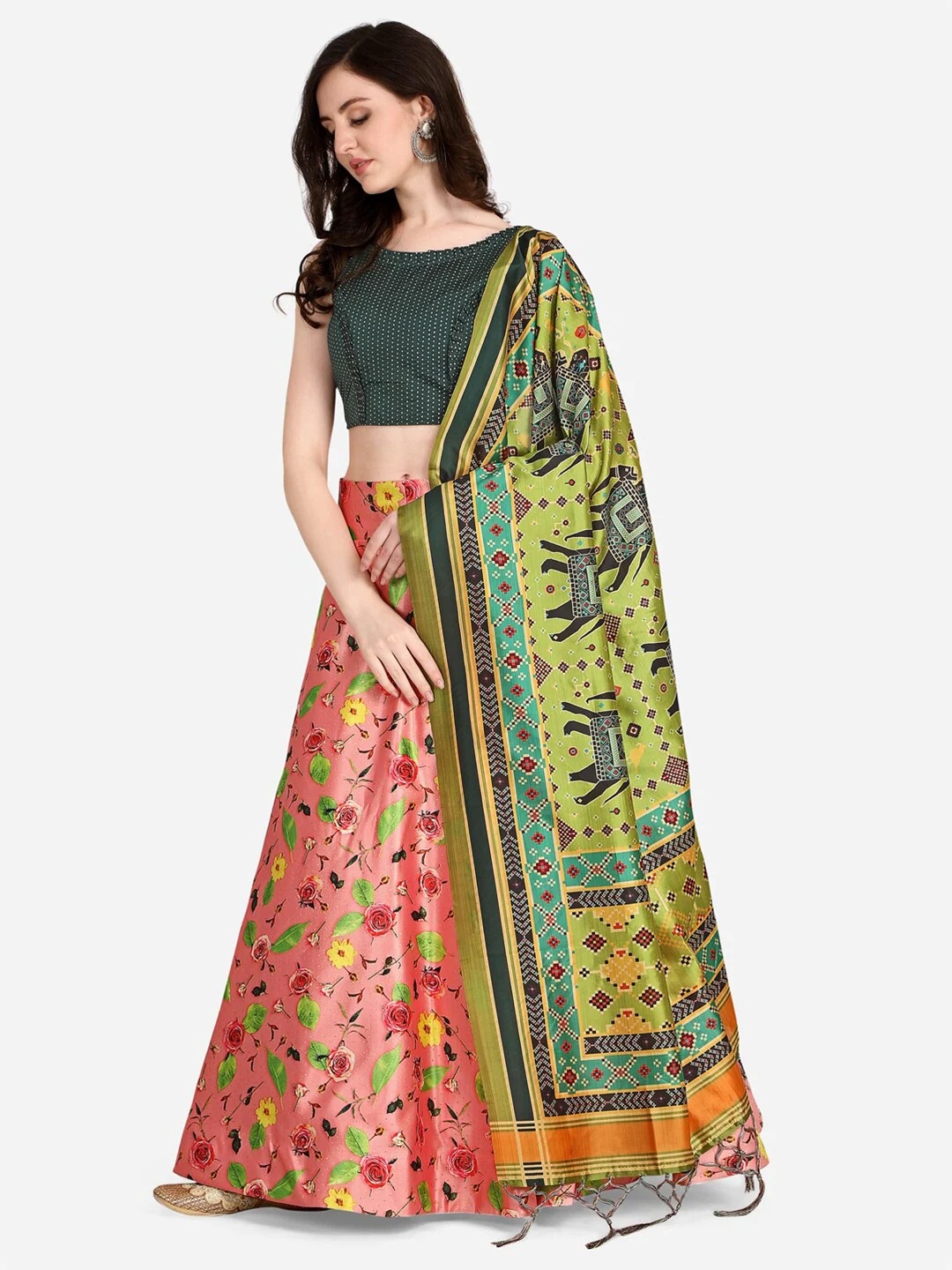 

Kaizen TEXO FAB Floral Printed Semi-Stitched Lehenga & Blouse With Dupatta, Peach