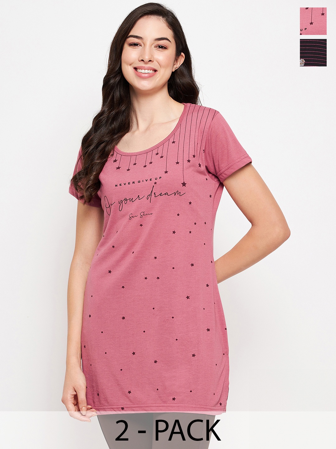 

VERO AMORE Pack of 2 Printed Round Neck Cotton Casual T-Shirts, Pink