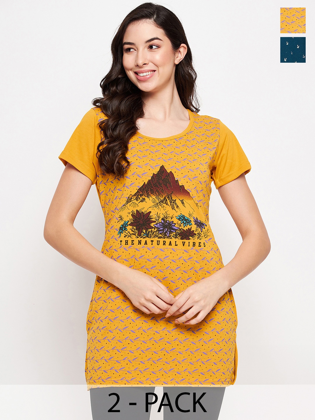 

VERO AMORE Pack of 2 Printed Round Neck Cotton Casual T-Shirts, Yellow