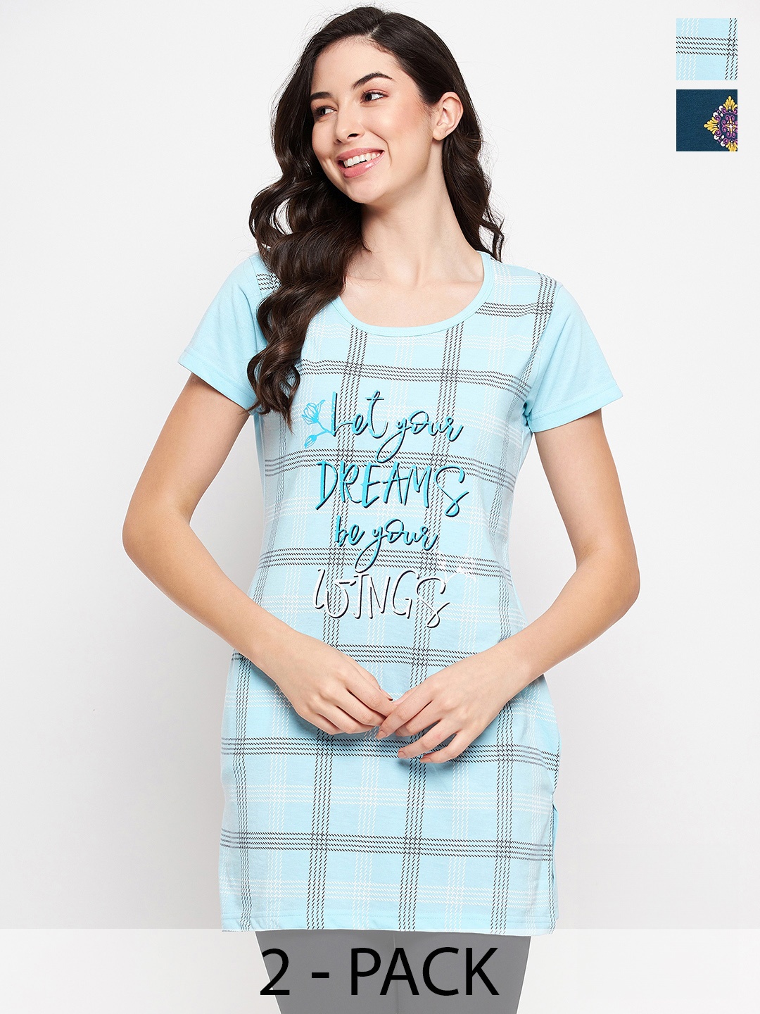 

VERO AMORE Pack Of 2 Typography Printed Longline Cotton T-shirt, Blue