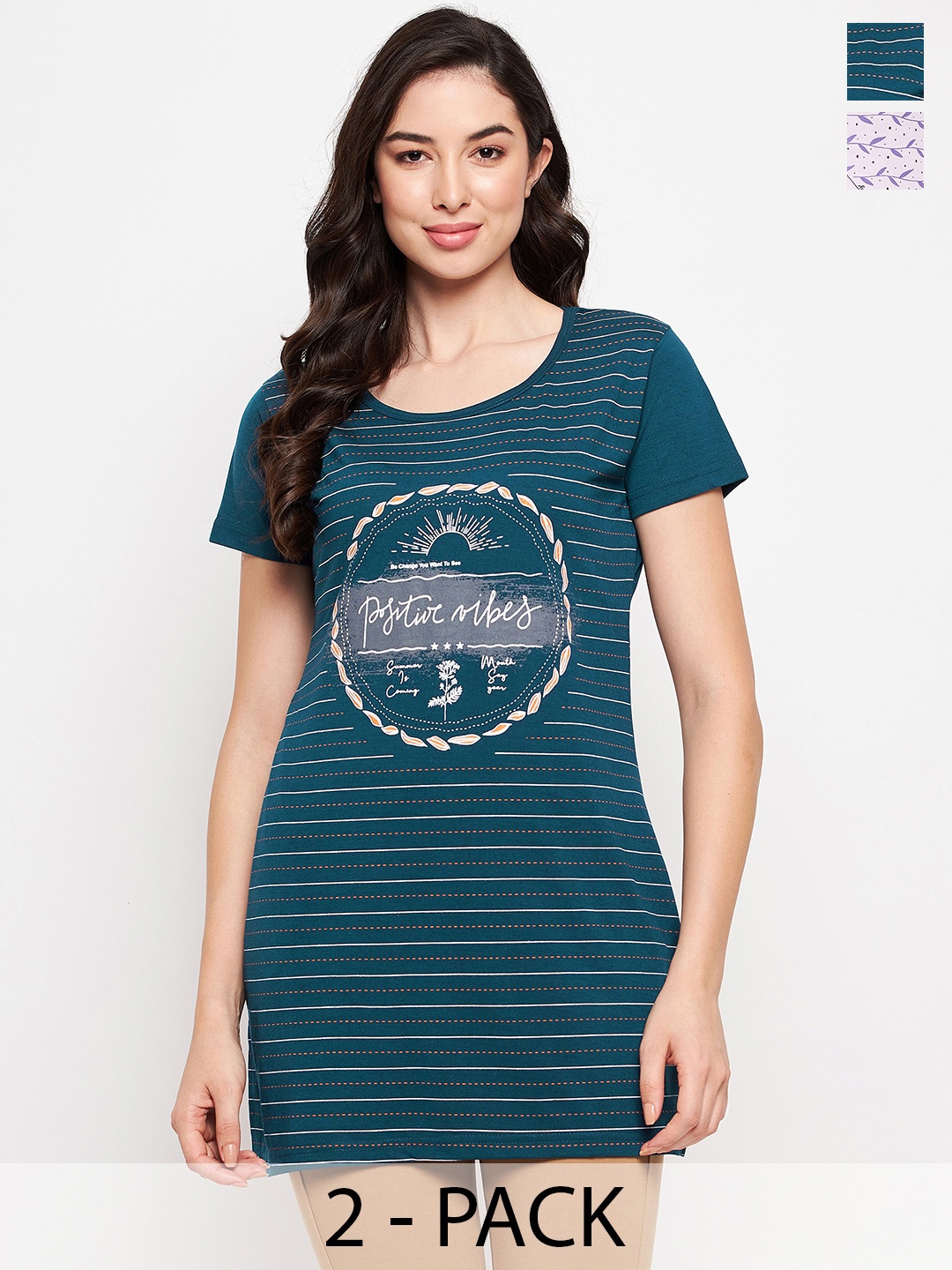 

VERO AMORE Pack Of 2 Graphic Printed Longline Cotton T-shirt, Teal