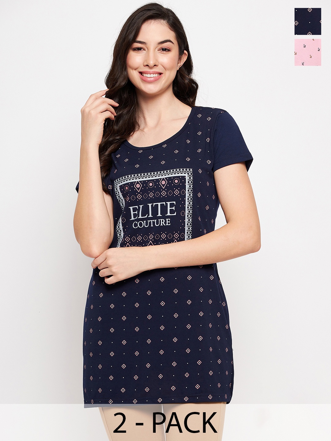 

VERO AMORE Pack Of 2 Typography Printed Longline Cotton T-shirt, Navy blue