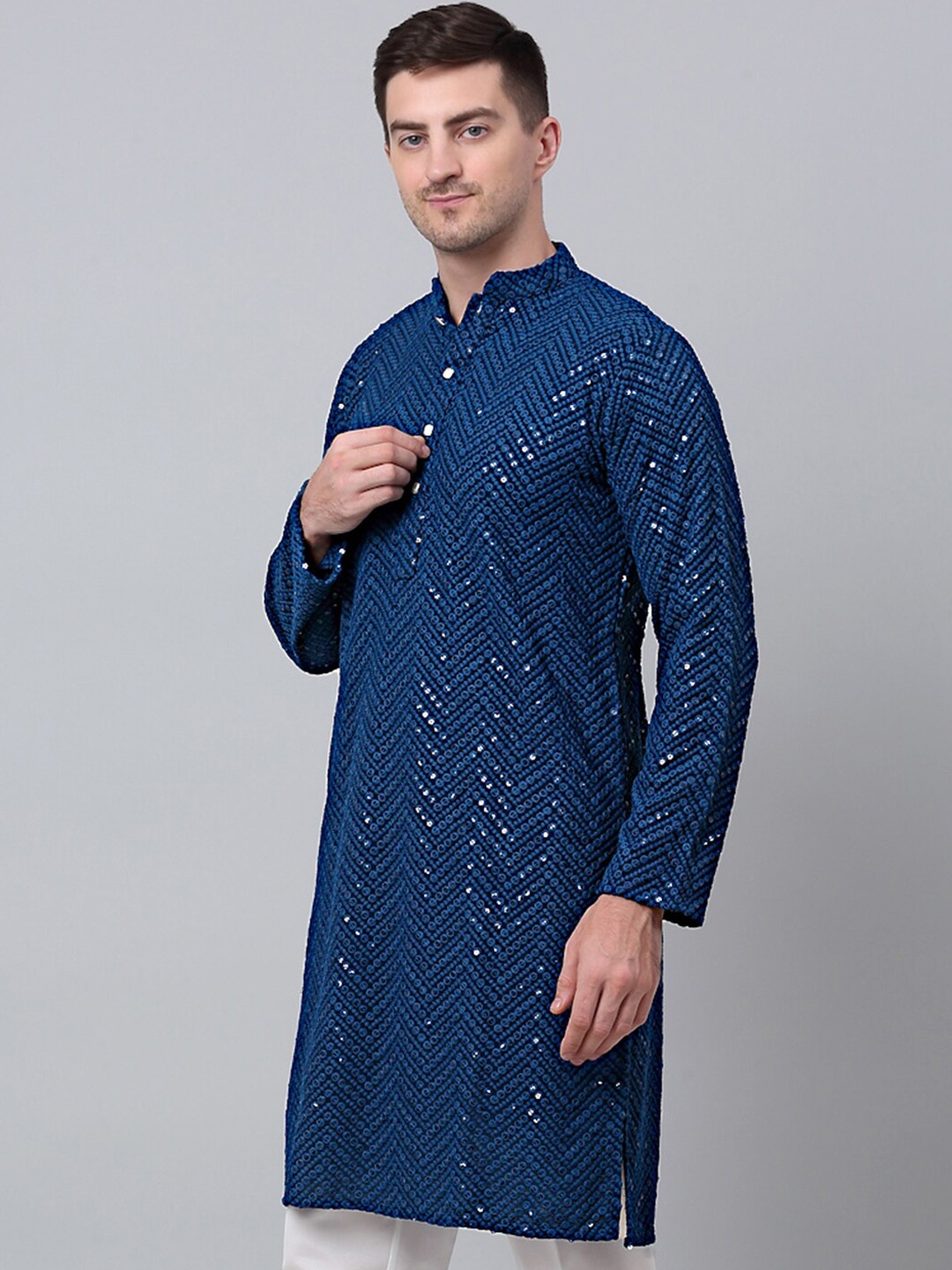 

Jompers Geometric Embroidered Sequinned Pure Cotton Straight Kurta, Blue