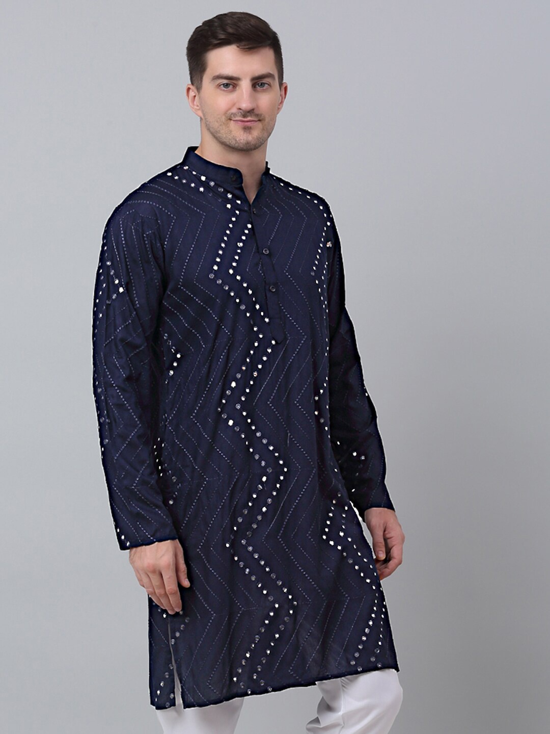 

Jompers Geometric Embroidered Mirror Work Pure Cotton Straight Kurta, Navy blue
