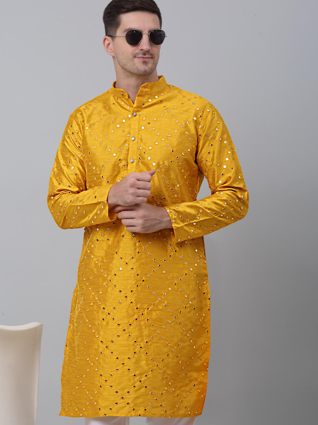 

Jompers Mirror Work Embellished Straight Kurta, Mustard