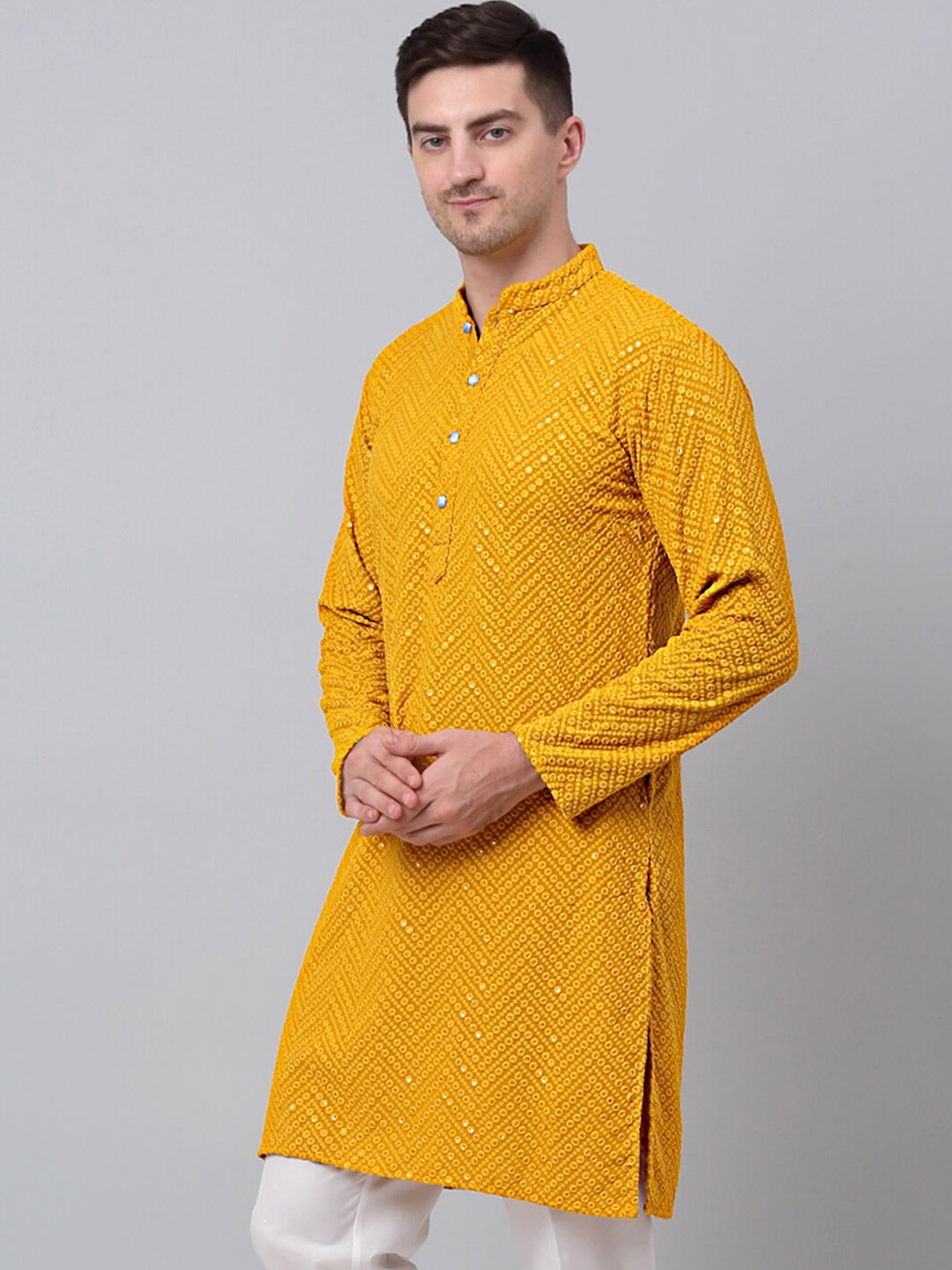 

Jompers Chevron Thread Work Mandarin Collar Kurta, Yellow