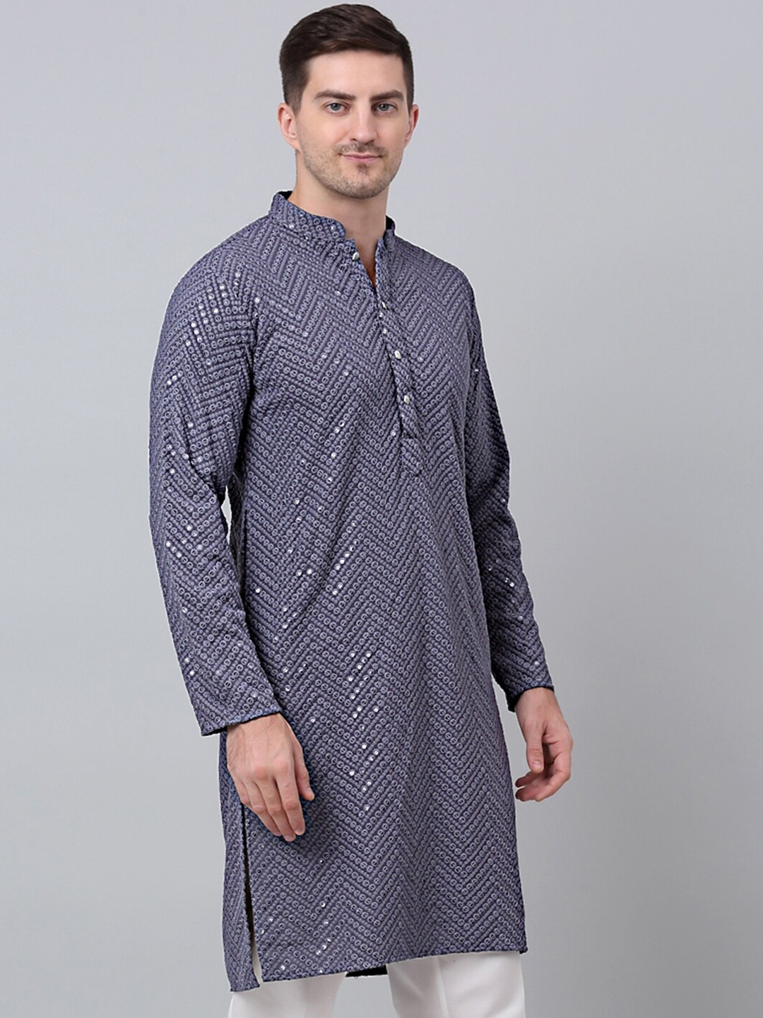 

Jompers Emblished Mandrain Collar Thread Work Kurta, Grey