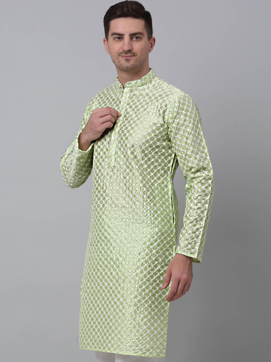

Jompers Mandarin Collar Woven Design Straight Kurta, Green