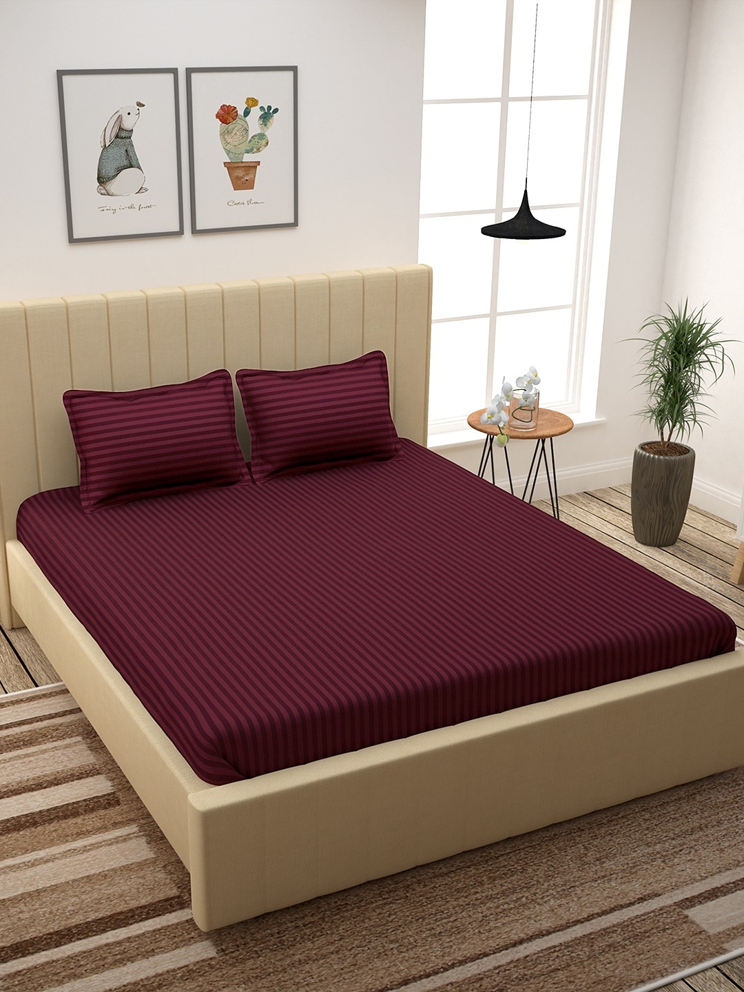 

Story@home Maroon Self-Striped Flat 300 TC Cotton 1 King Bedsheet with 2 Pillow Covers