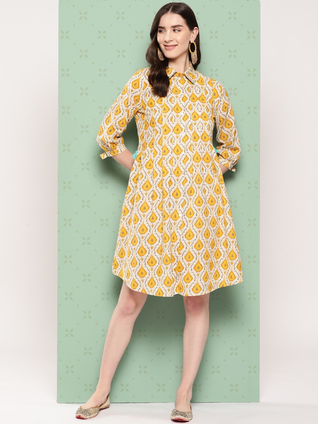 

Indo Era Ethnic Motifs Print Puff Sleeve Cotton Shirt Midi Dress, Yellow