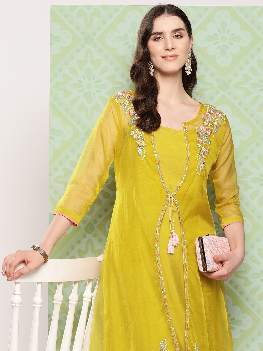 

Indo Era Women Regular Kurta with Trousers & Shrug, Yellow