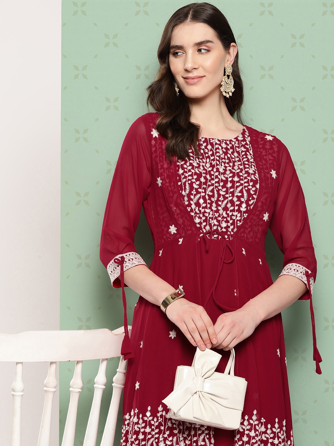 

Indo Era Ethnic Motifs Embroidered Georgette A-Line Maxi Dress, Red