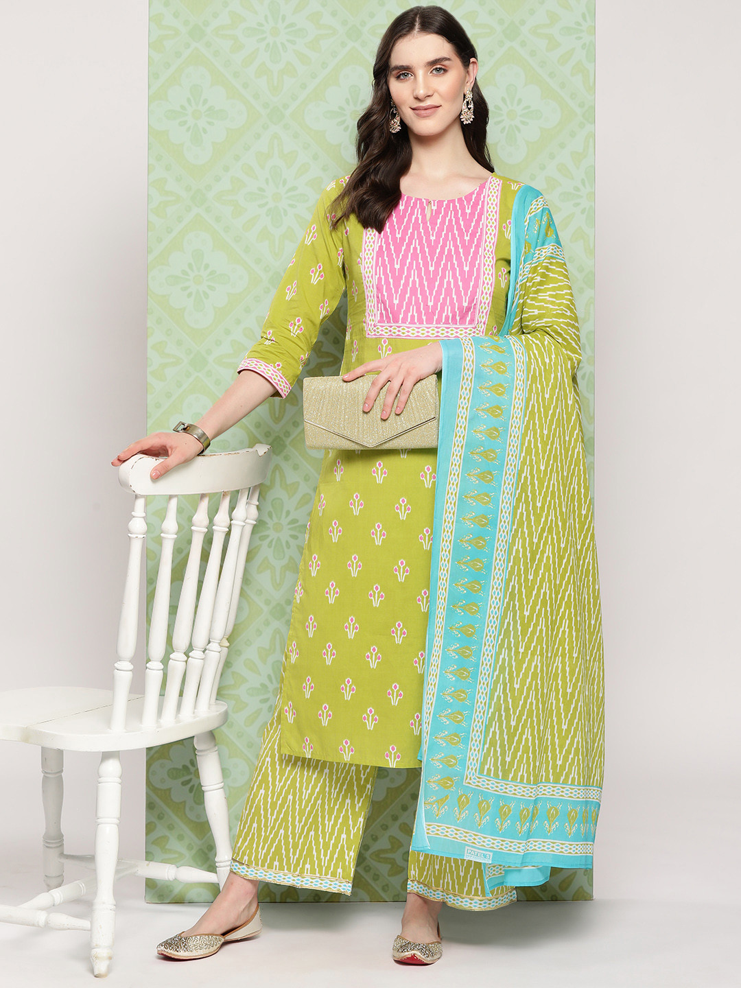 

Indo Era Women Ethnic Motifs Printed Regular Pure Cotton Kurta with Palazzos & Dupatta, Lime green