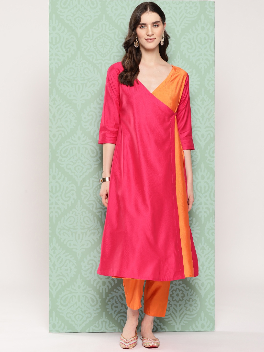 

Indo Era Women Colourblocked Angrakha Liva Kurta with Trousers, Pink