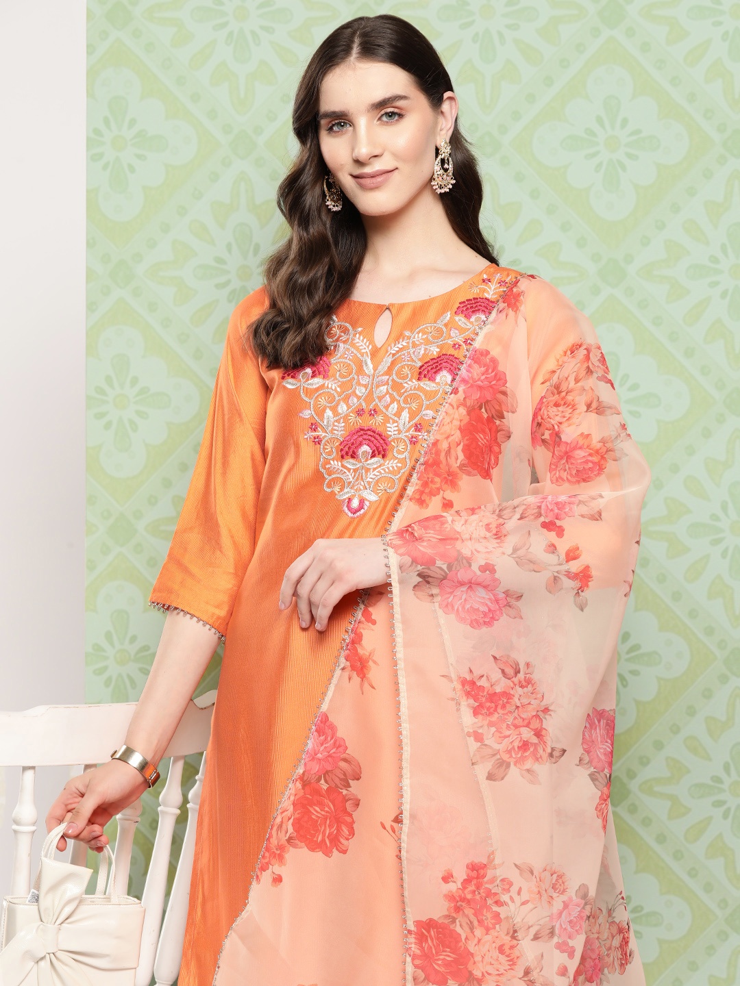 

Indo Era Women Floral Yoke Design Regular Liva Kurta with Trousers & Dupatta, Orange