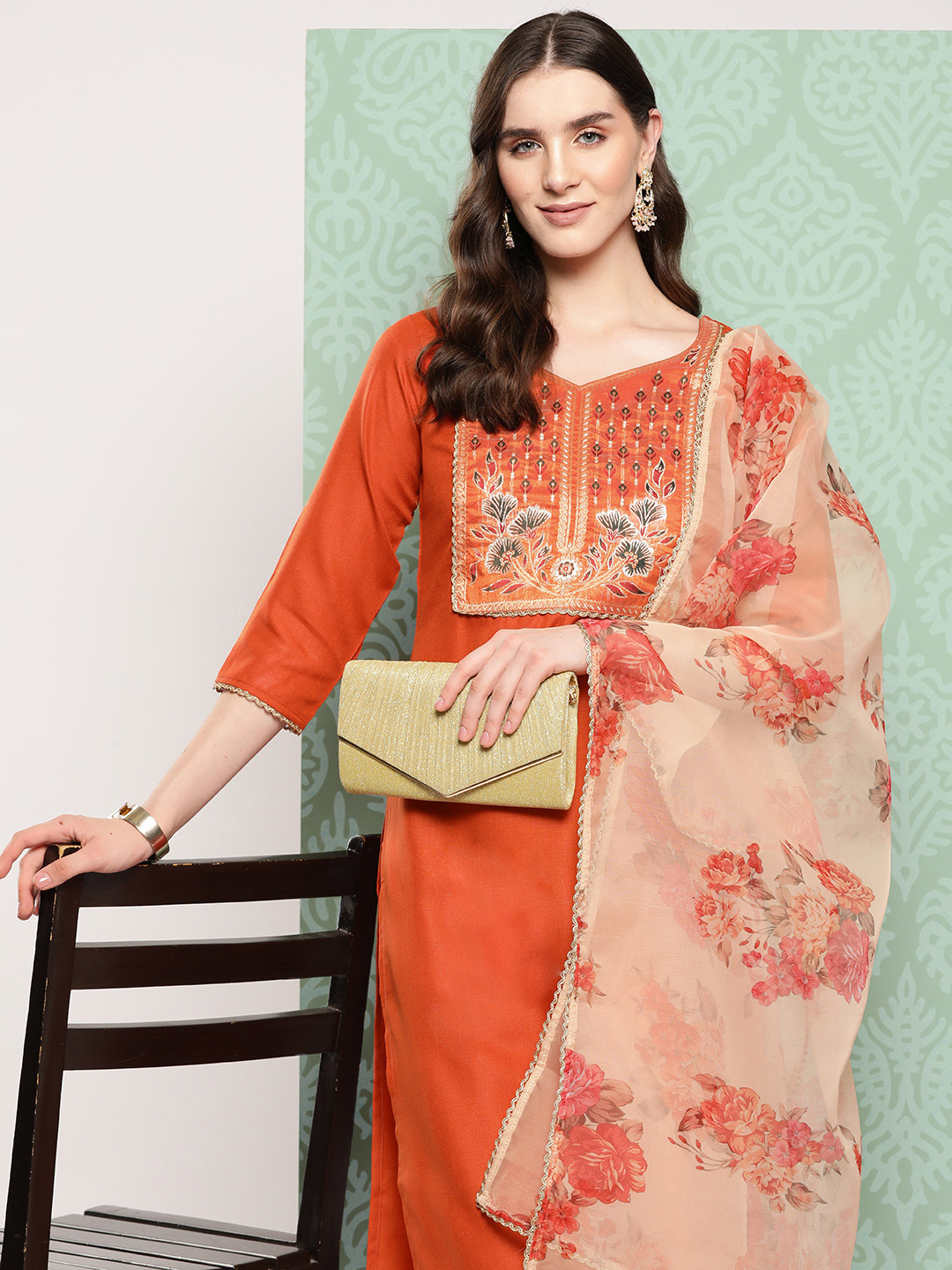 

Indo Era Women Floral Yoke Design Regular Gotta Patti Kurta with Palazzos & With Dupatta, Orange