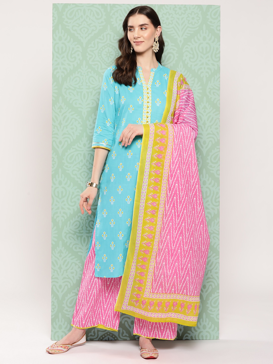 

Indo Era Women Ethnic Motifs Printed Regular Pure Cotton Kurta with Palazzos & Dupatta, Turquoise blue