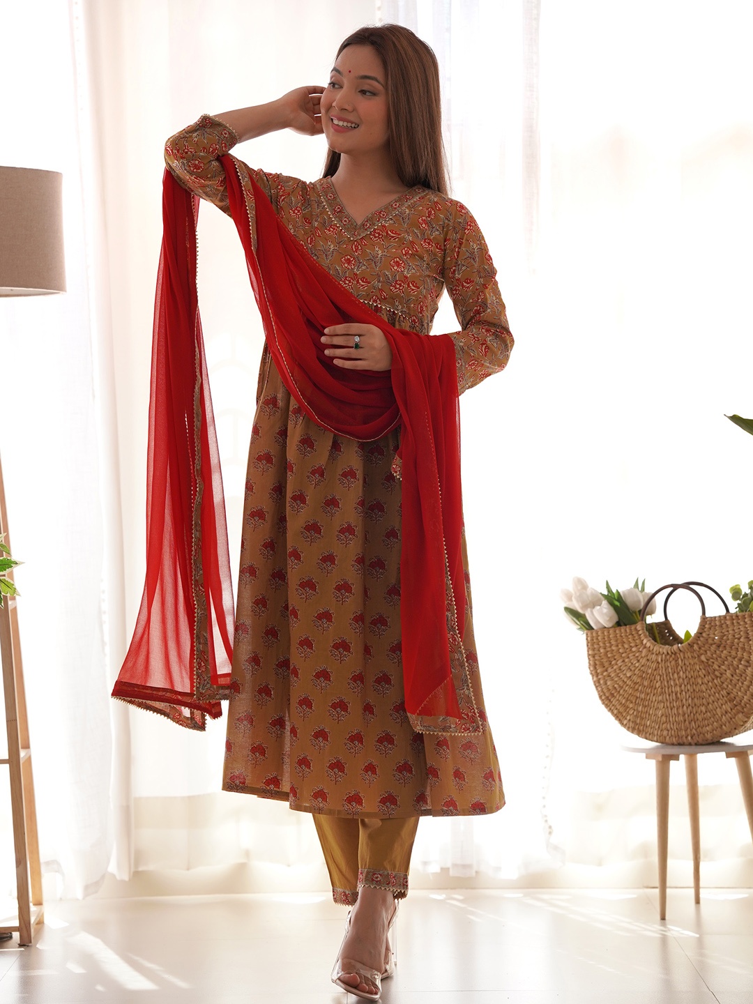 

Indo Era Women Floral Printed Pleated Gotta Patti Cotton Kurta with Trousers & Dupatta, Mustard