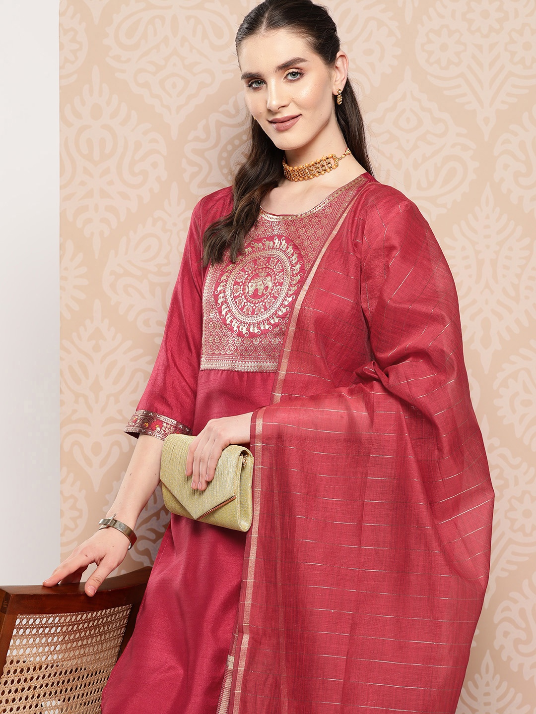 

Indo Era Ethnic Motifs Yoke Design Regular Kurta with Palazzos & Dupatta, Maroon