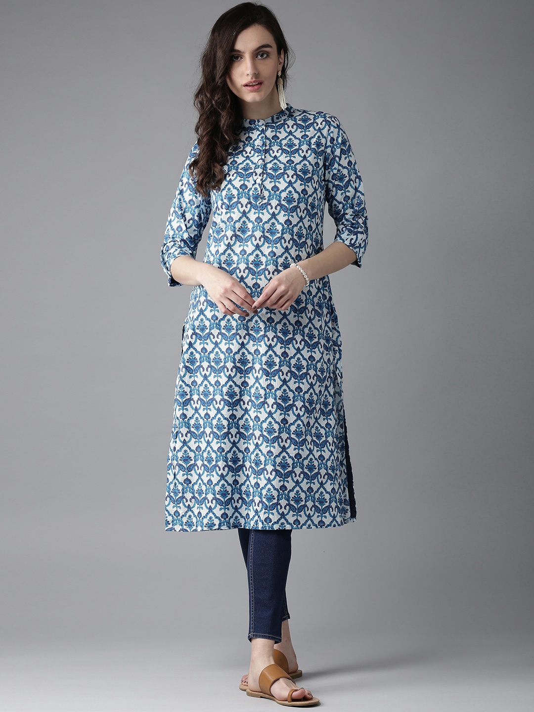 

HERE&NOW Women Blue Printed Straight Kurta