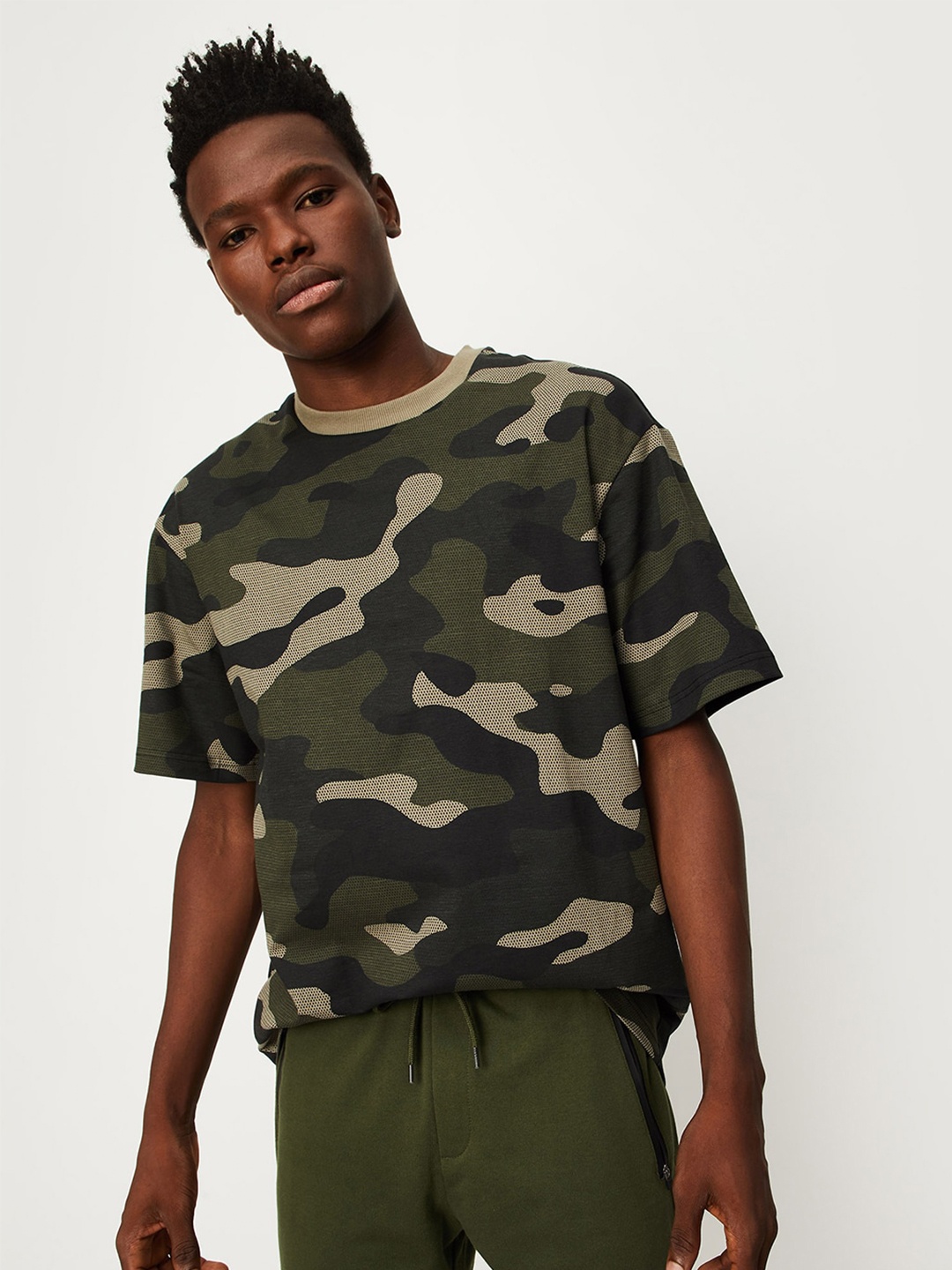 

max Camouflage Printed Regular Fit Pure Cotton Casual T-Shirt, Olive