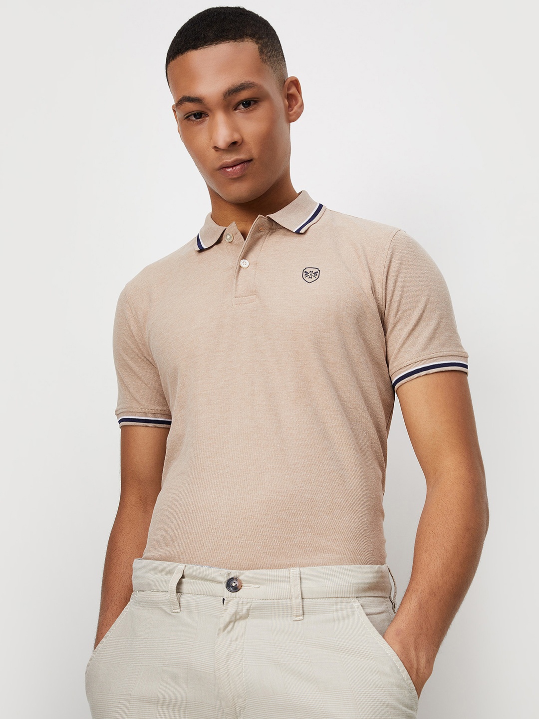 

max Polo Collar Regular Fit Cotton Casual T-shirt, Beige