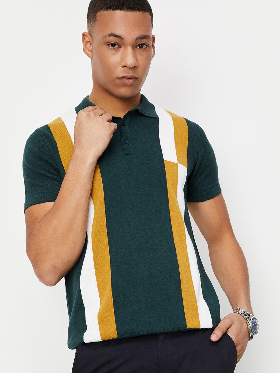 

max Striped Polo Collar Regular Fit Cotton Casual T-Shirt, Green
