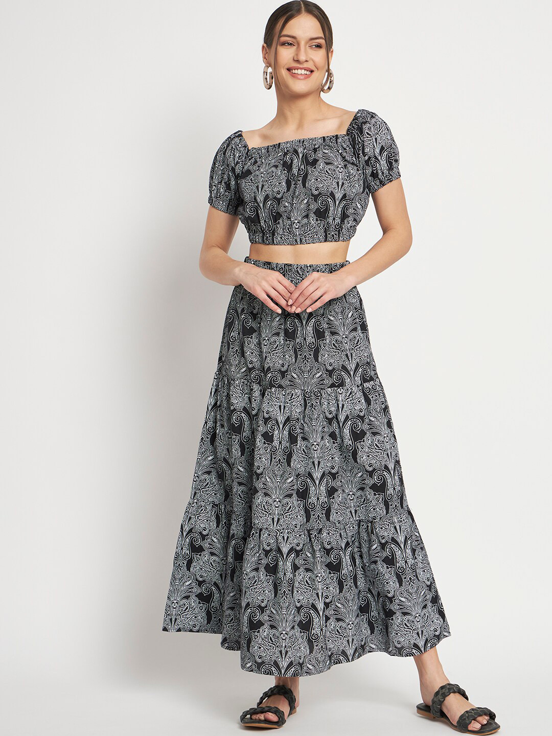 

Eleena Ethnic Motifs Block Print Printed Bardot Top With Tiered Maxi Skirt, Black