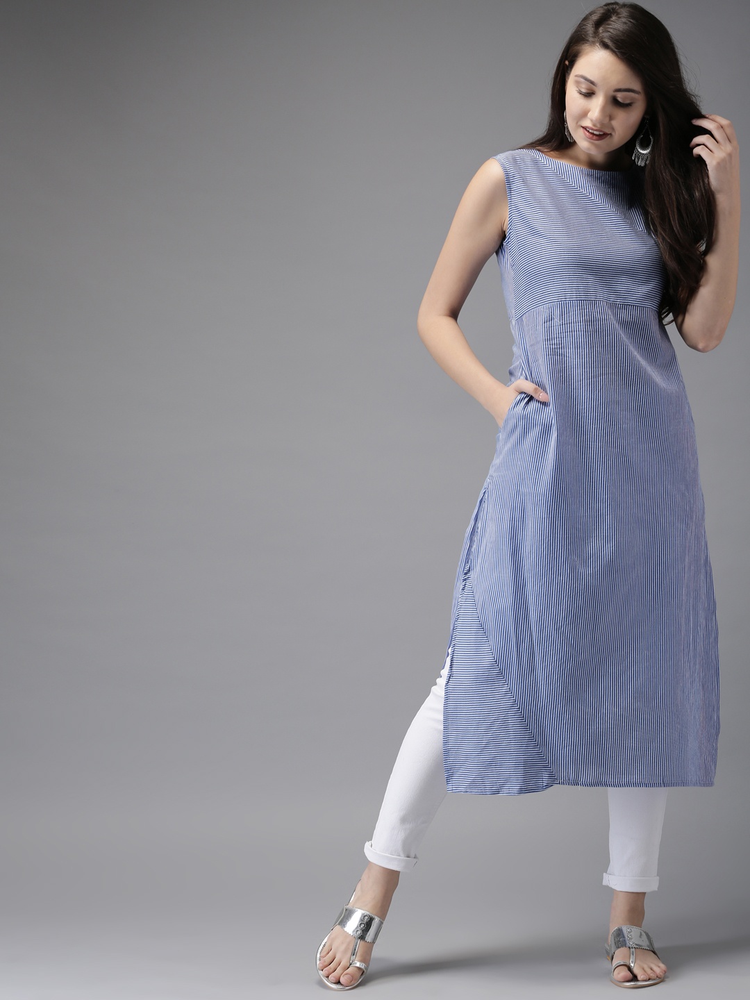 

HERE&NOW Women Blue & White Striped A-Line Kurta
