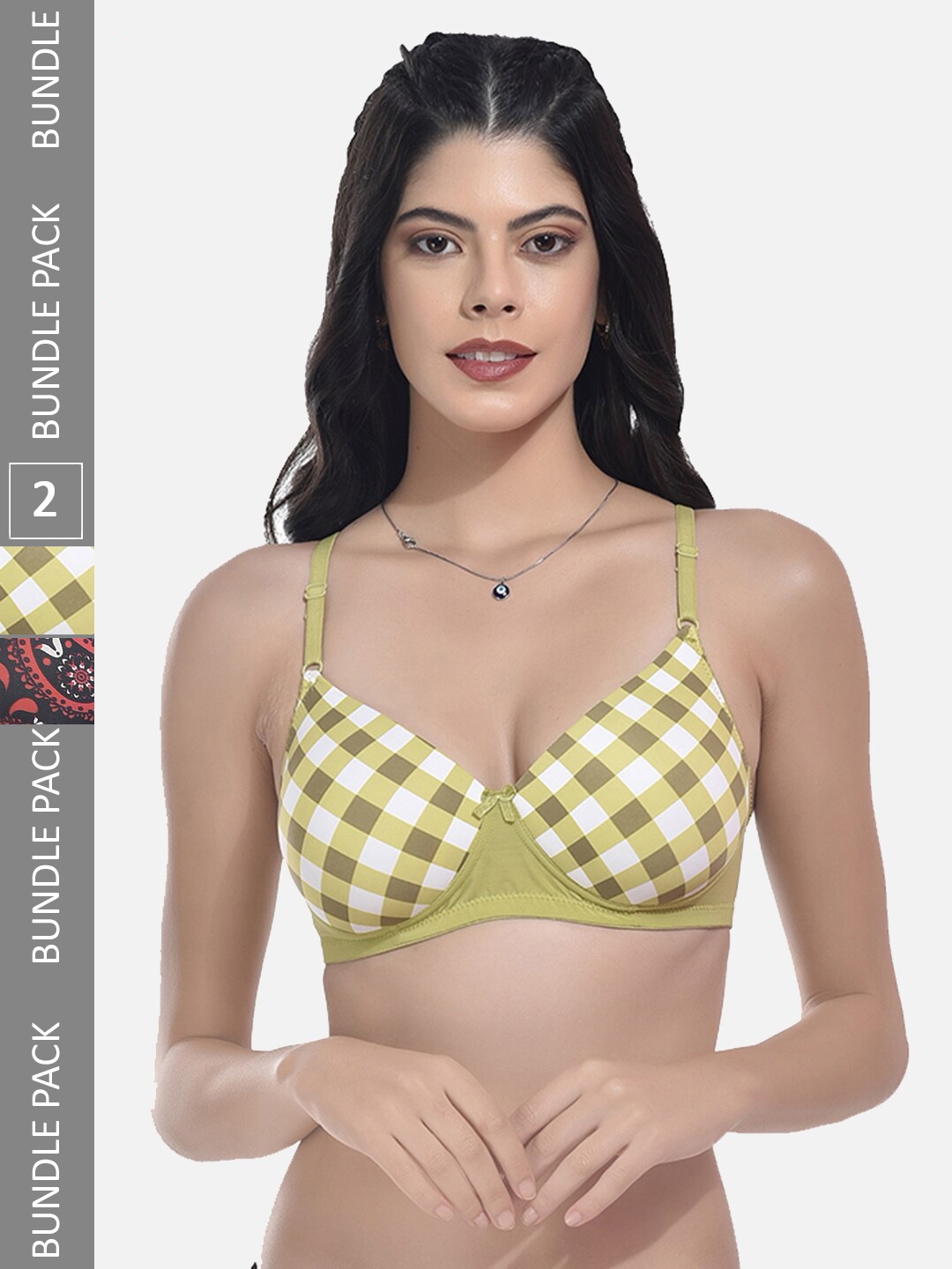 

StyFun Pack Of 2 Checked Bras Full Coverage Lightly Padded, Green