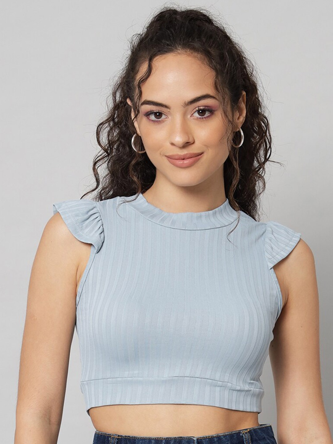 

BAESD Self Design High Neck Cotton Fitted Crop Top, Blue