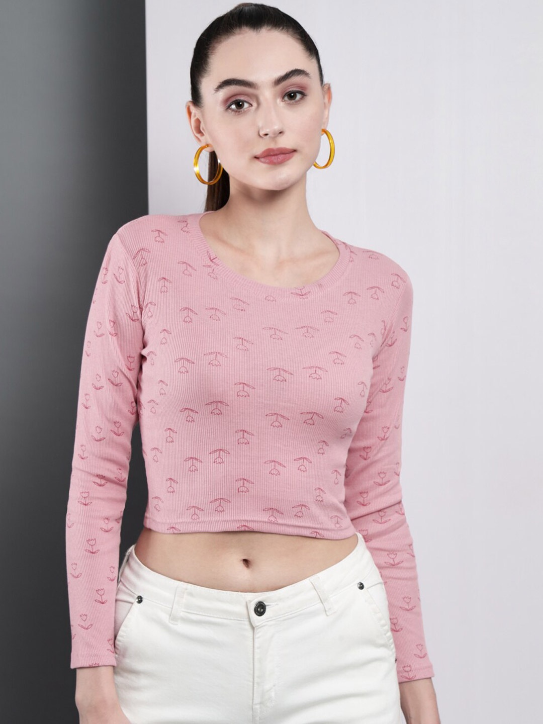 

BAESD Round Neck Floral Printed Cotton Crop Top, Pink