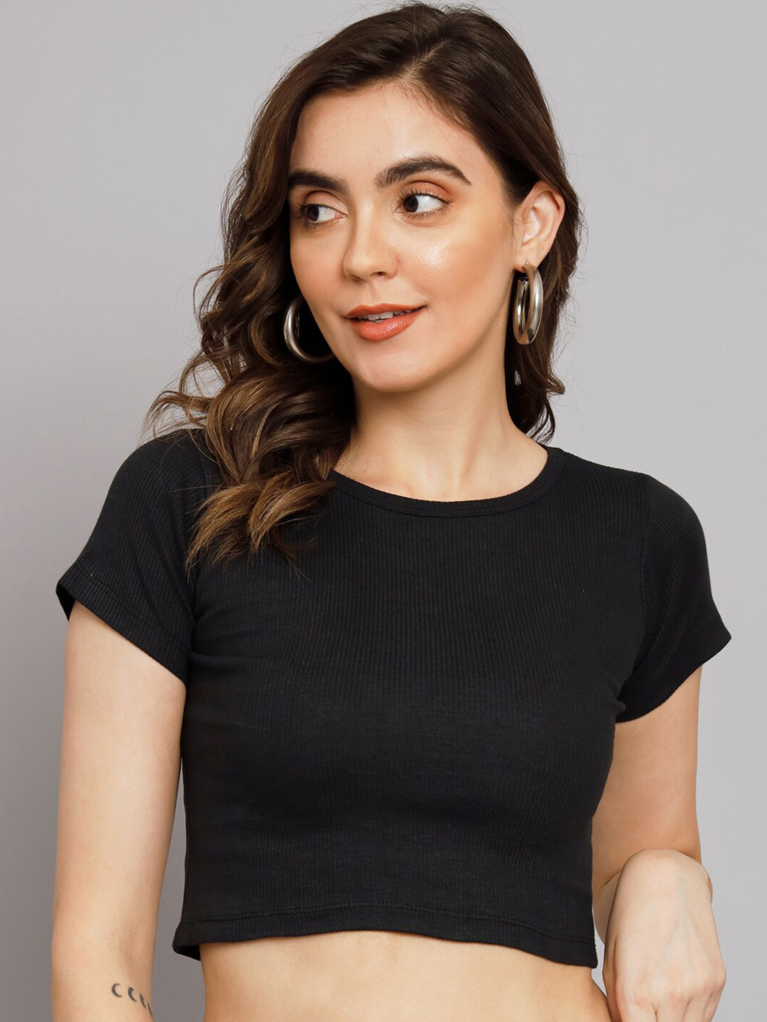 

BAESD Round Neck Cotton Crop Top, Black