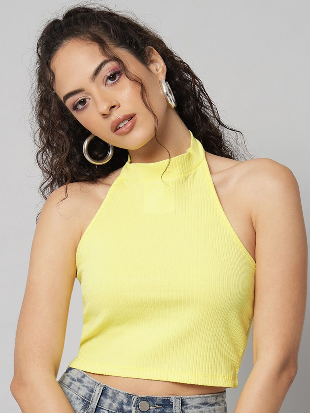 

BAESD Halter Neck Cotton Crop Top, Yellow