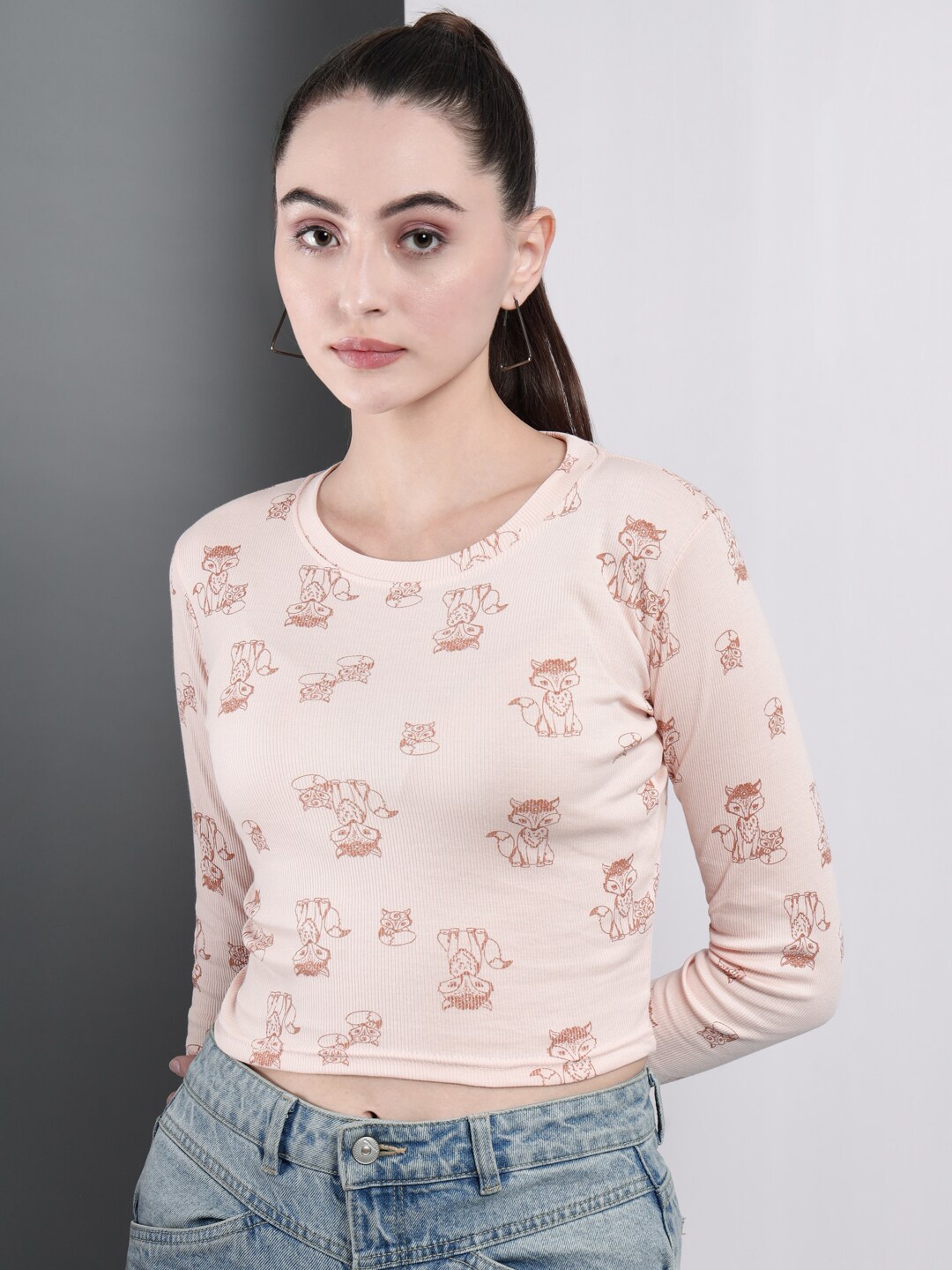 

BAESD Floral Print Cotton Crop Top, Beige